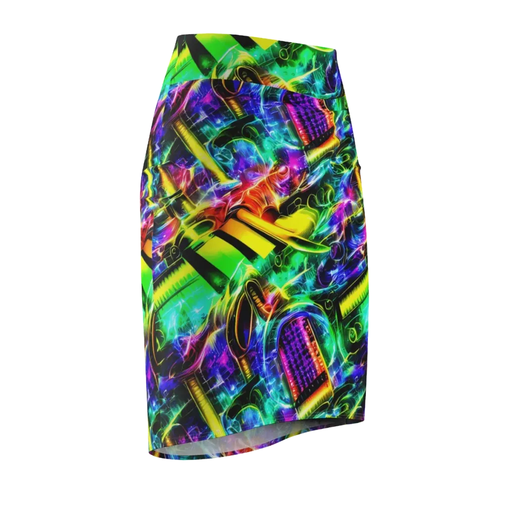 Neon Racket Riot on Pencil Skirt — Front Side