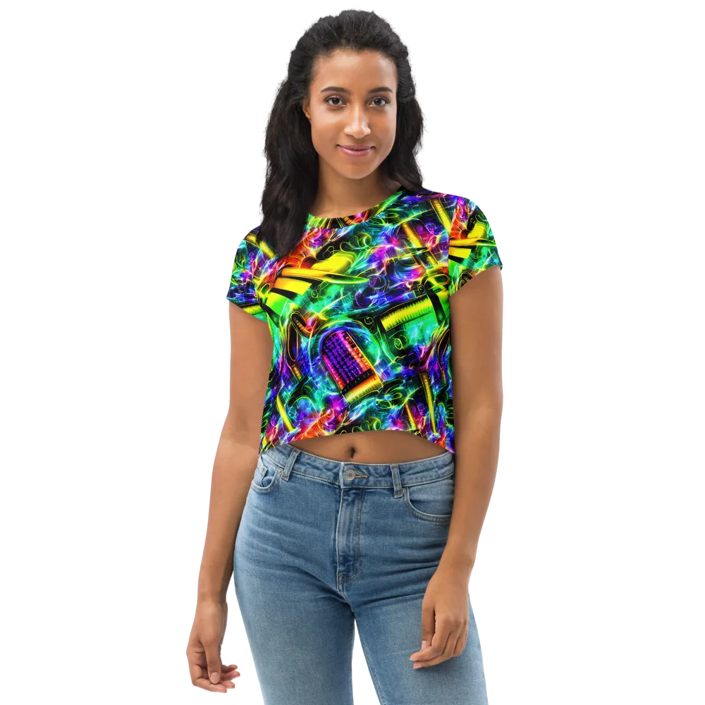 Neon Racket Riot on Crop Tee — Front