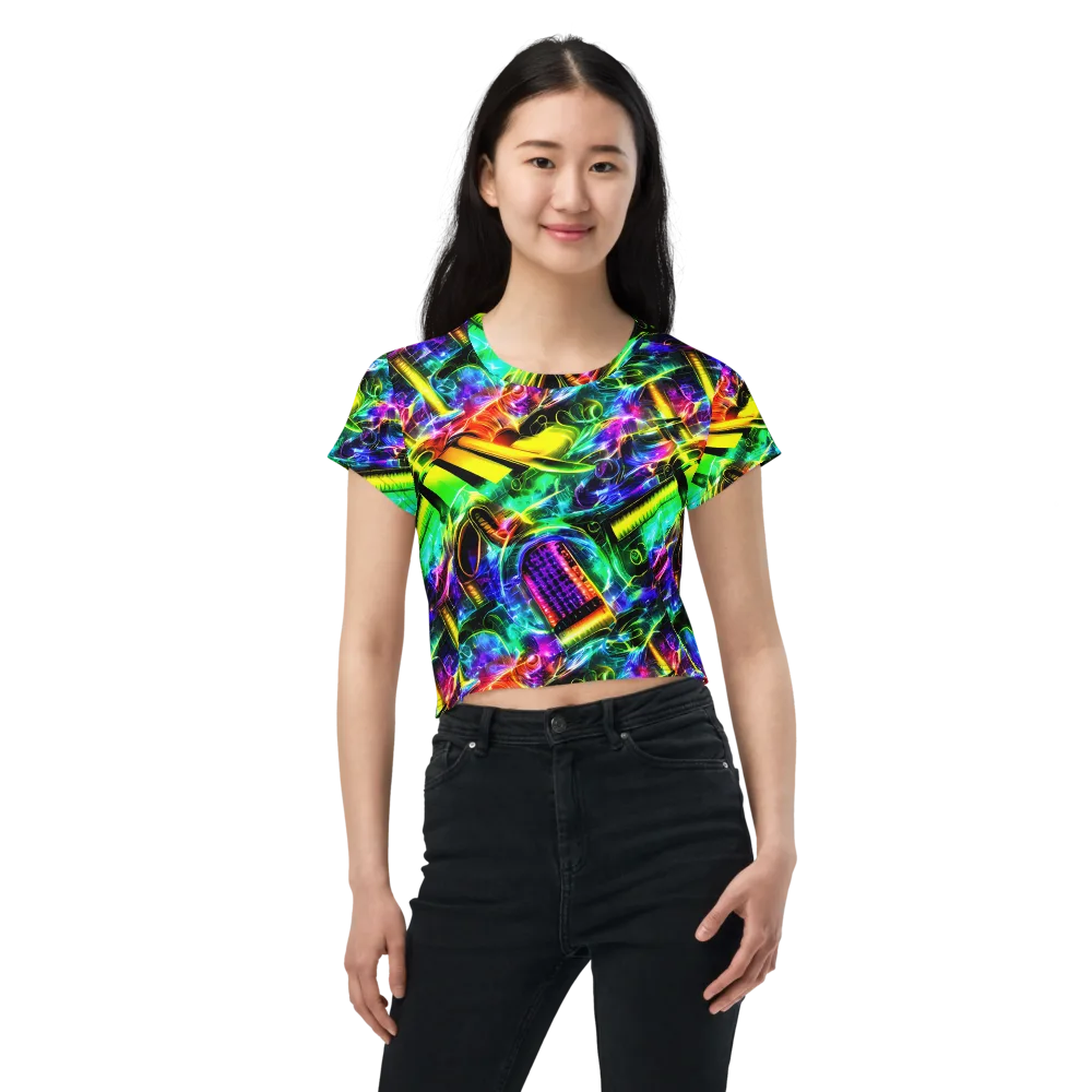 Neon Racket Riot on Crop Tee — Front