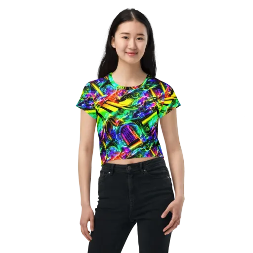 Neon Racket Riot on a Crop Tee