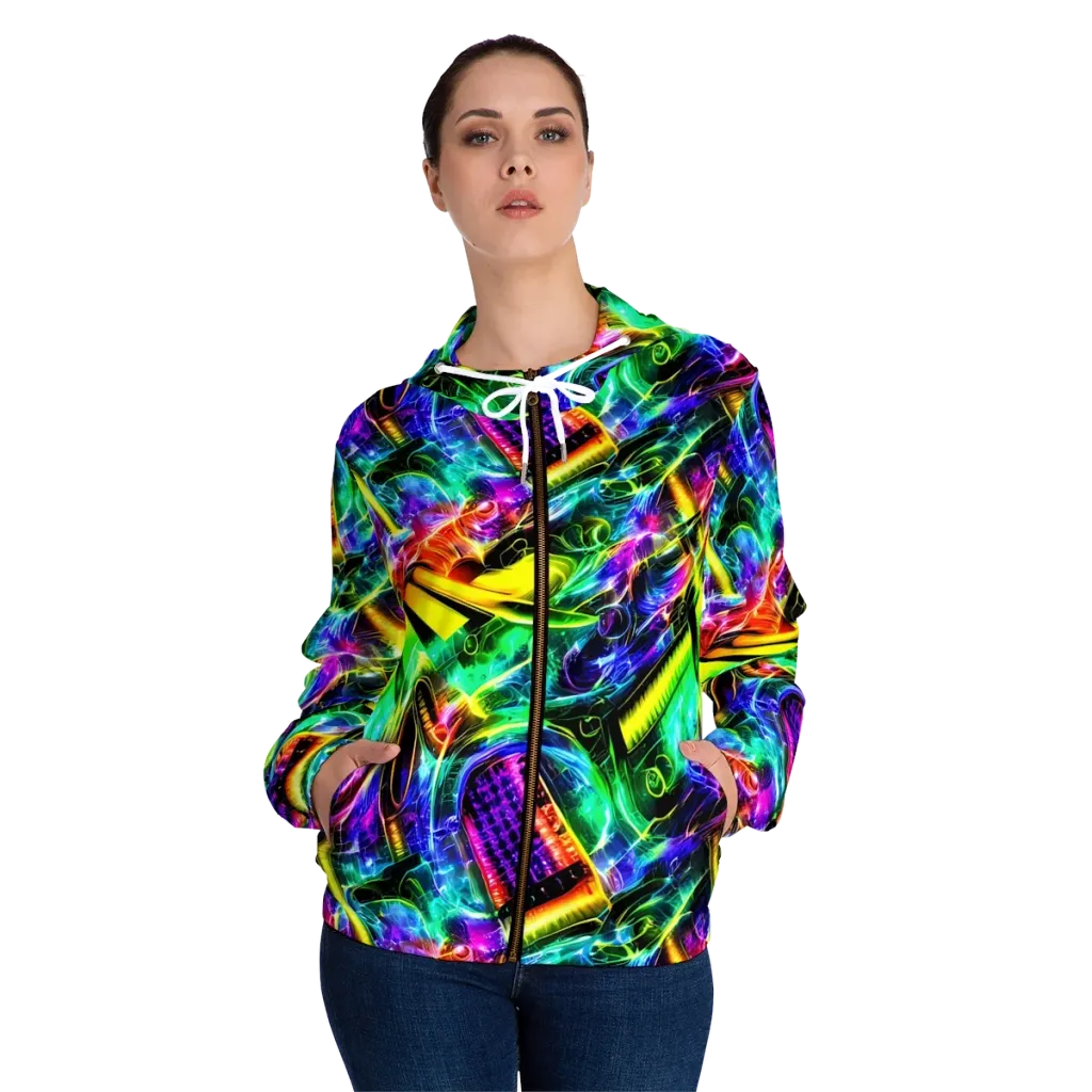 Neon Racket Riot on Women's Full-Zip Hoodie — Front On Person