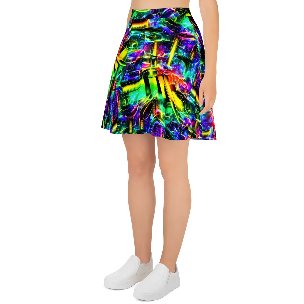 Neon Racket Riot on Skater Skirt — Left