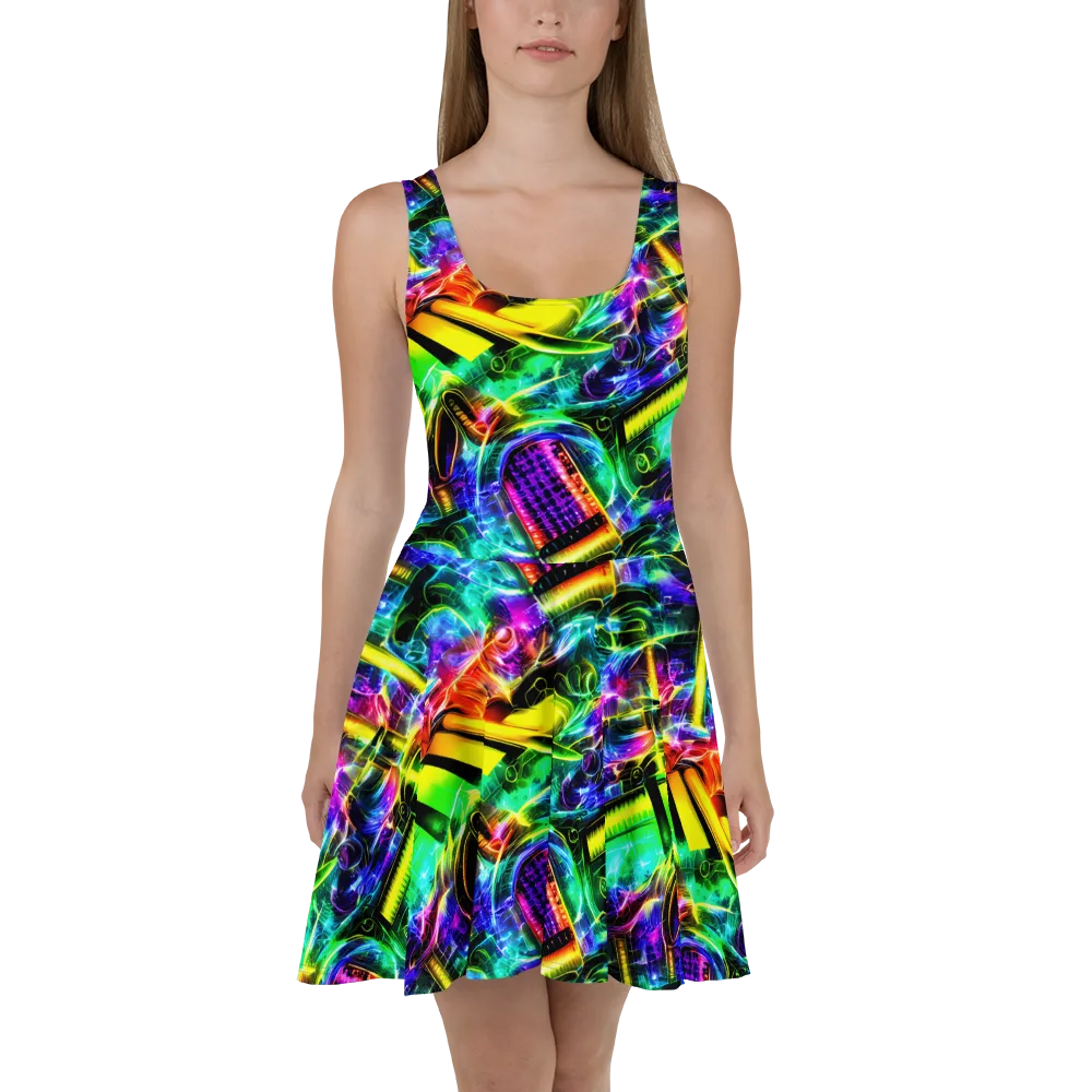 Neon Racket Riot on Skater Dress — Front