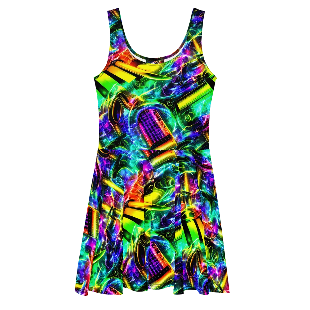 Neon Racket Riot on Skater Dress — Front