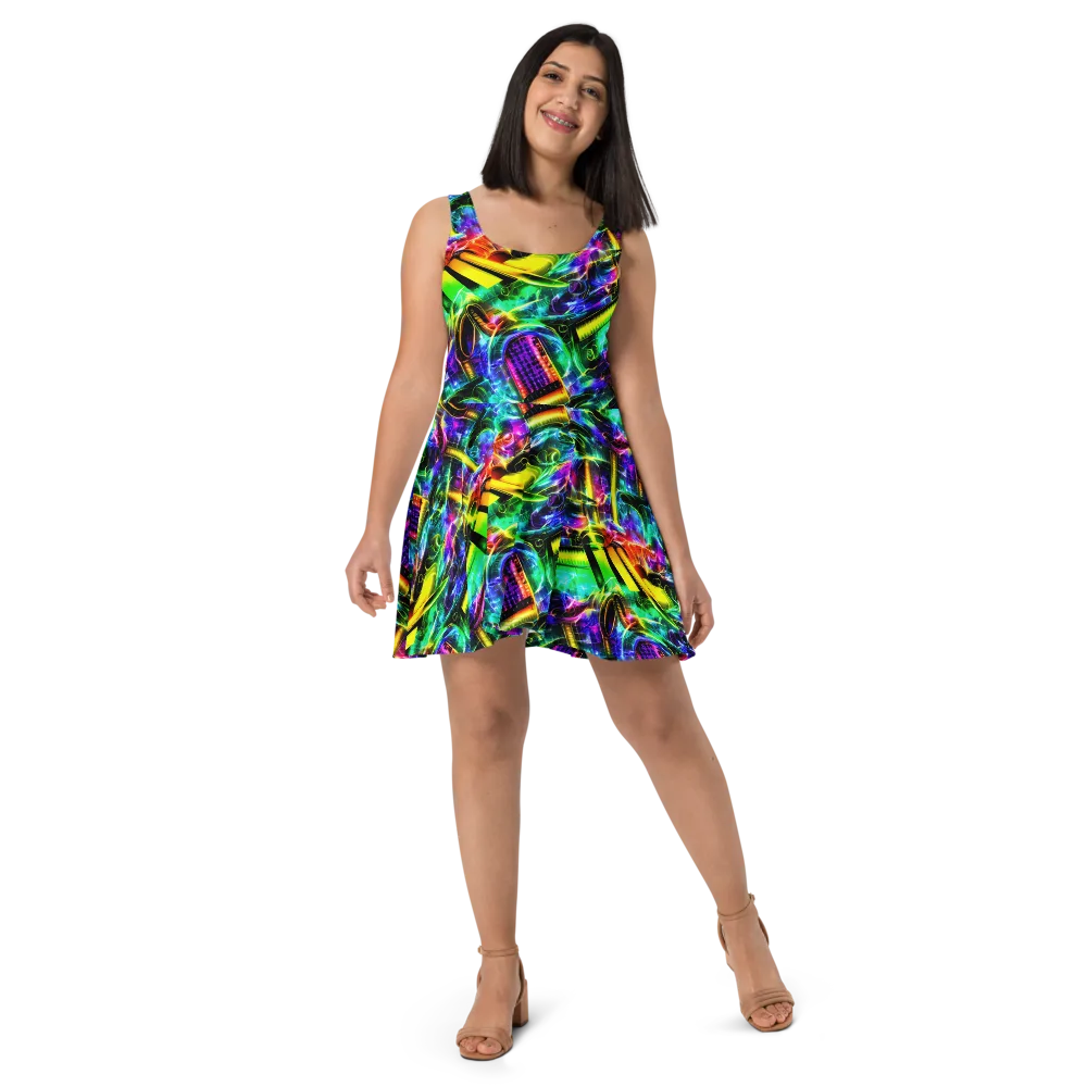 Neon Racket Riot on Skater Dress — Front