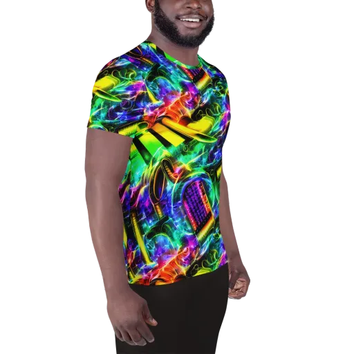 Neon Racket Riot on a Men's Athletic T-Shirt