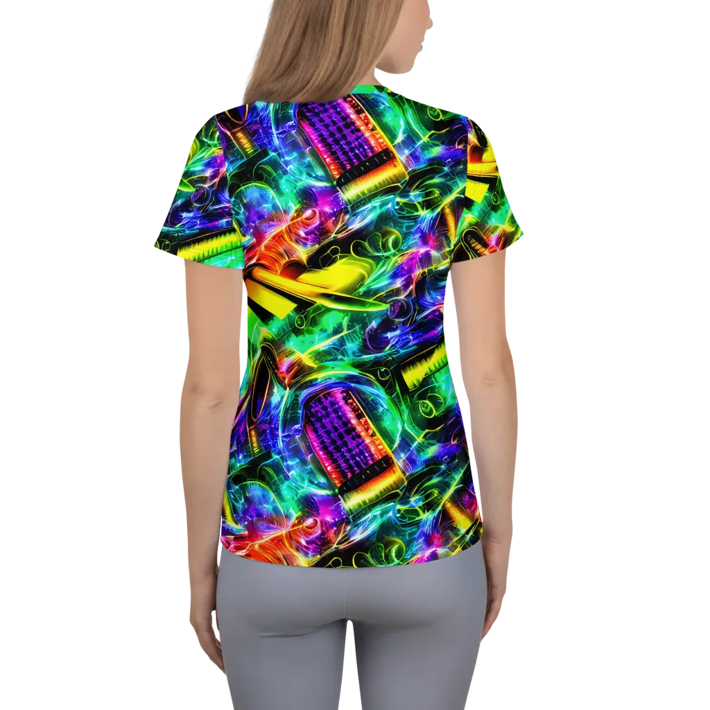 Neon Racket Riot on Women's Athletic T-Shirt — Back