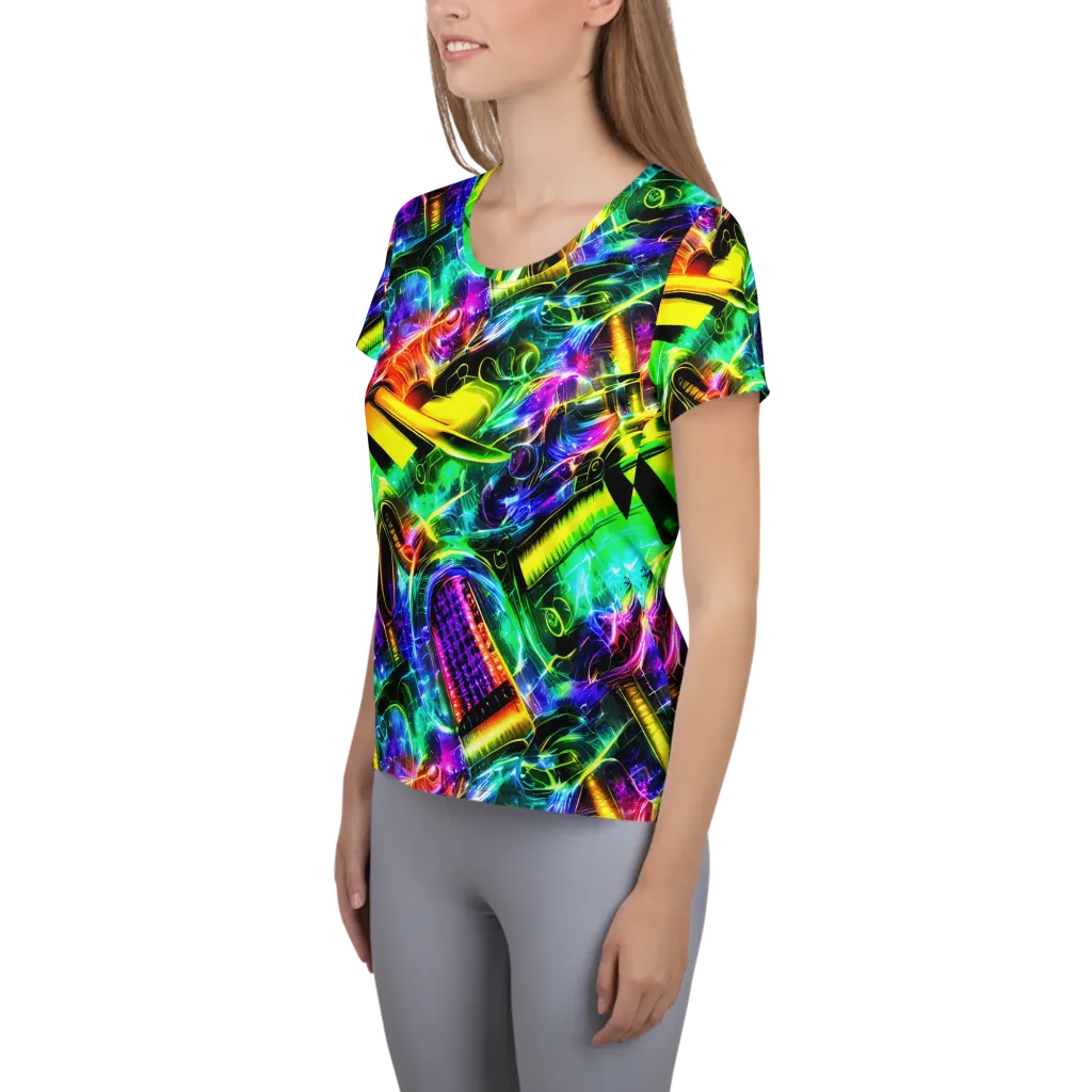 Neon Racket Riot on Women's Athletic T-Shirt — Left