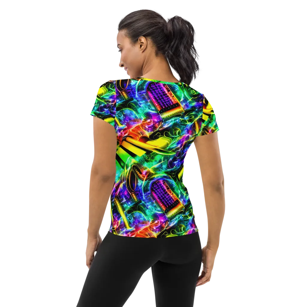 Neon Racket Riot on Women's Athletic T-Shirt — Back