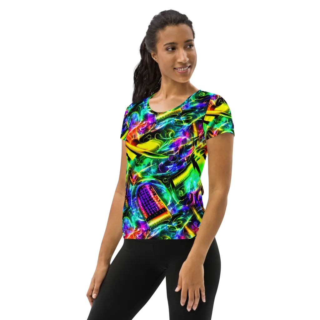 Neon Racket Riot on Women's Athletic T-Shirt — Left