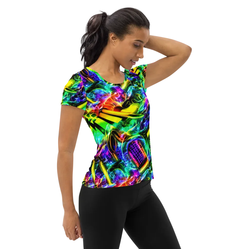 Neon Racket Riot on Women's Athletic T-Shirt — Right