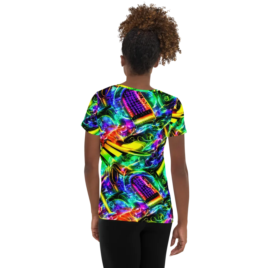 Neon Racket Riot on Women's Athletic T-Shirt — Back