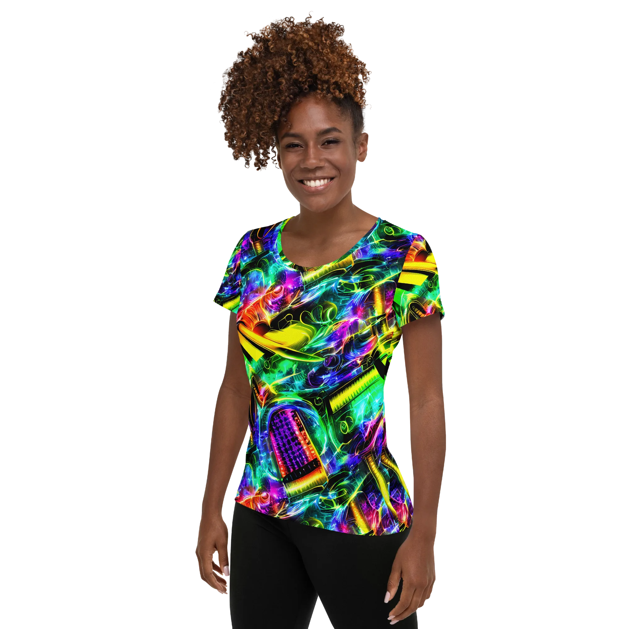 Neon Racket Riot on Women's Athletic T-Shirt — Left