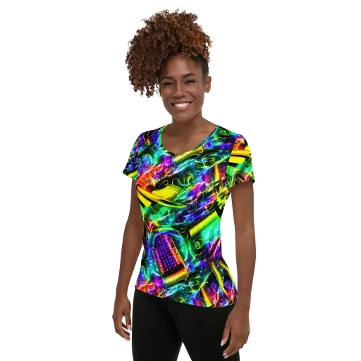 Neon Racket Riot on a Women's Athletic T-Shirt