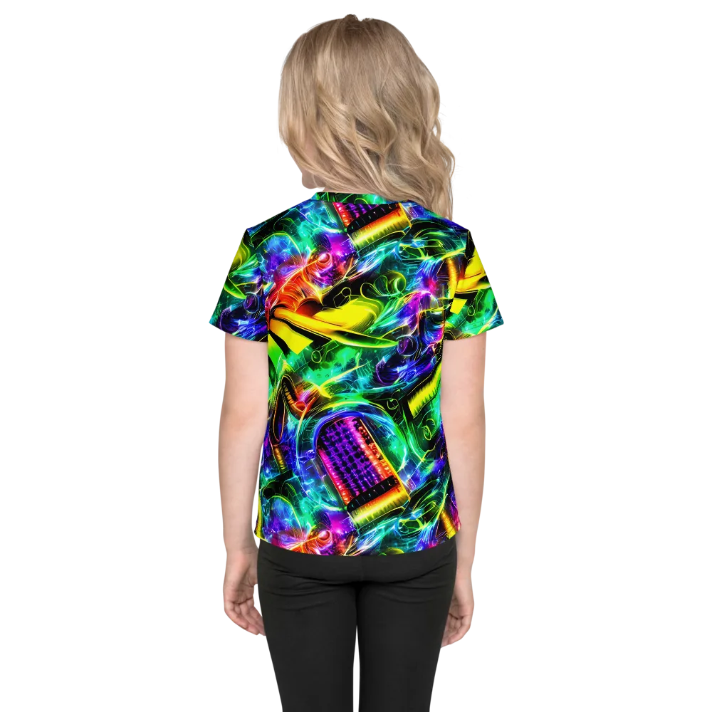 Neon Racket Riot on Kids Crew Neck T-Shirt — Back
