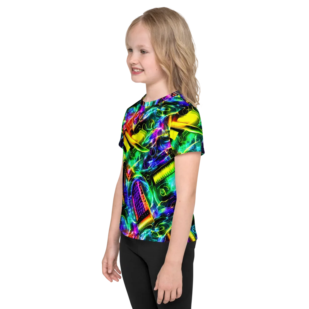 Neon Racket Riot on Kids Crew Neck T-Shirt — Left