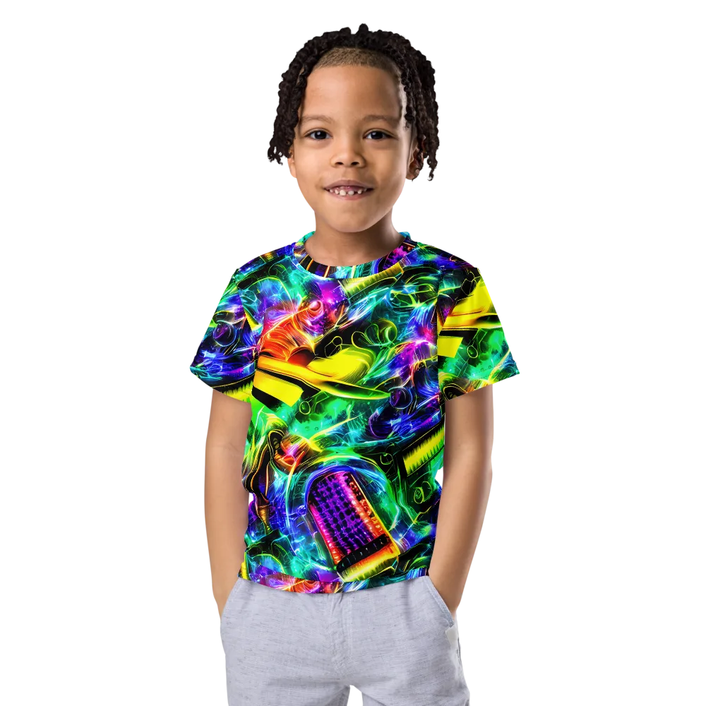 Neon Racket Riot on Kids Crew Neck T-Shirt — Front