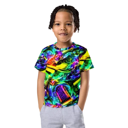 Neon Racket Riot on a Kids Crew Neck T-Shirt