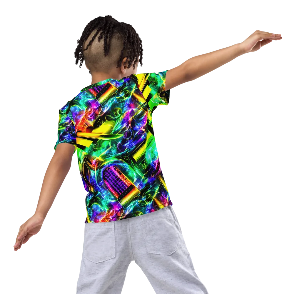 Neon Racket Riot on Kids Crew Neck T-Shirt — Back
