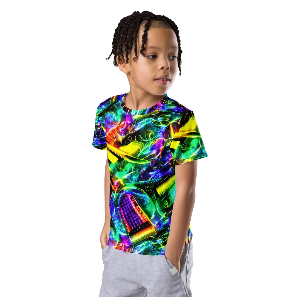 Neon Racket Riot on Kids Crew Neck T-Shirt — Left Front
