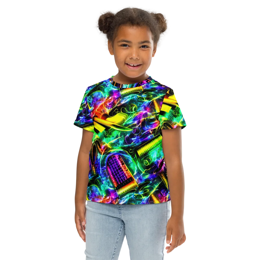 Neon Racket Riot on Kids Crew Neck T-Shirt — Front