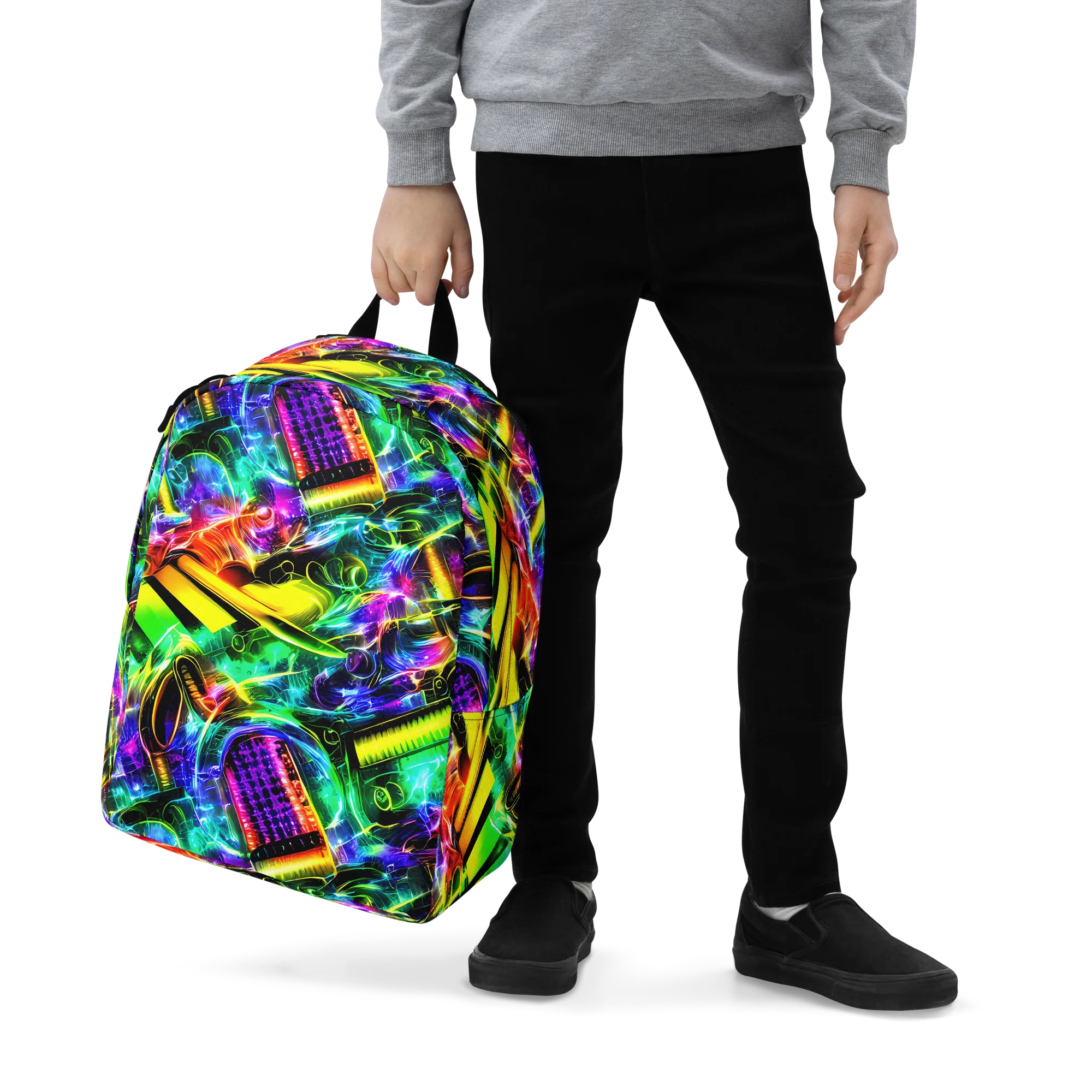 Neon Racket Riot on Minimalist Backpack — Zoomed-in