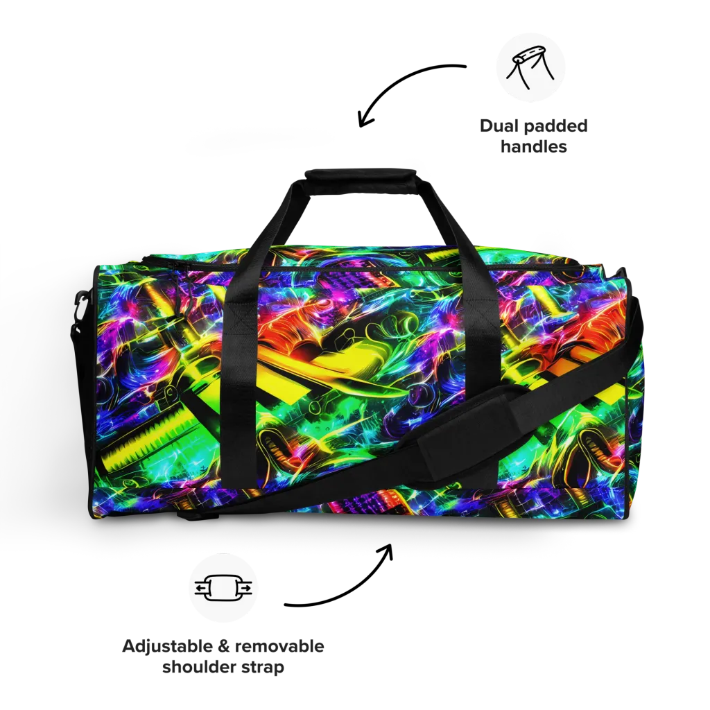 Neon Racket Riot on Duffle Bag — Front