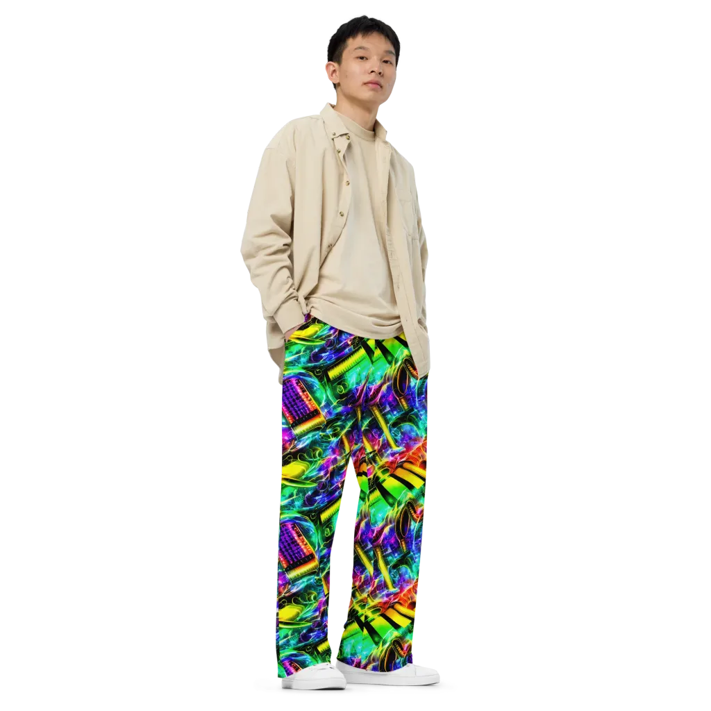 Neon Racket Riot on Wide-Leg Pants — Right Front