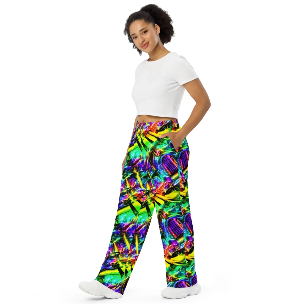 Neon Racket Riot on Wide-Leg Pants — Left Front