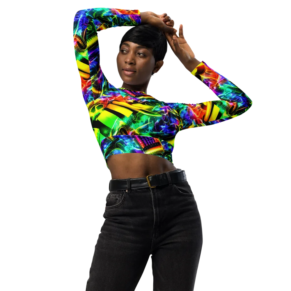 Neon Racket Riot on Long Sleeve Crop Top — Front