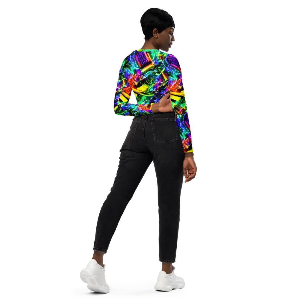 Neon Racket Riot on Long Sleeve Crop Top — Right Back
