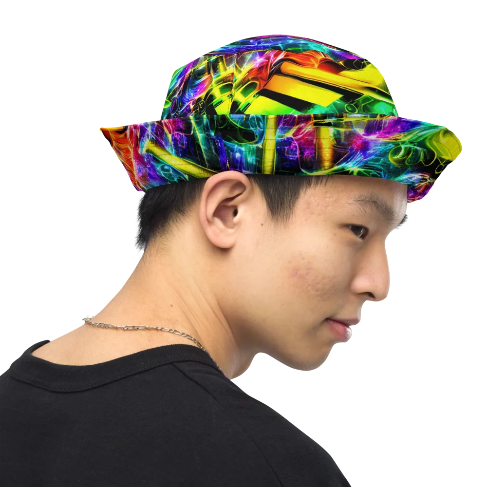 Neon Racket Riot on Reversible Bucket Hat — Right Outside