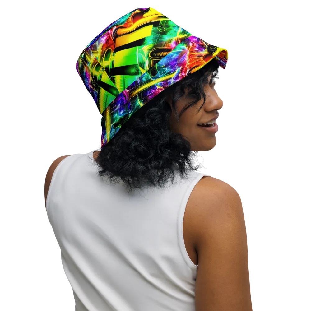 Neon Racket Riot on Reversible Bucket Hat — Right Outside