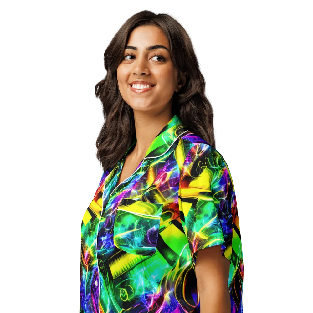 Neon Racket Riot on Women's Short Sleeve Pajama Top — Left Front