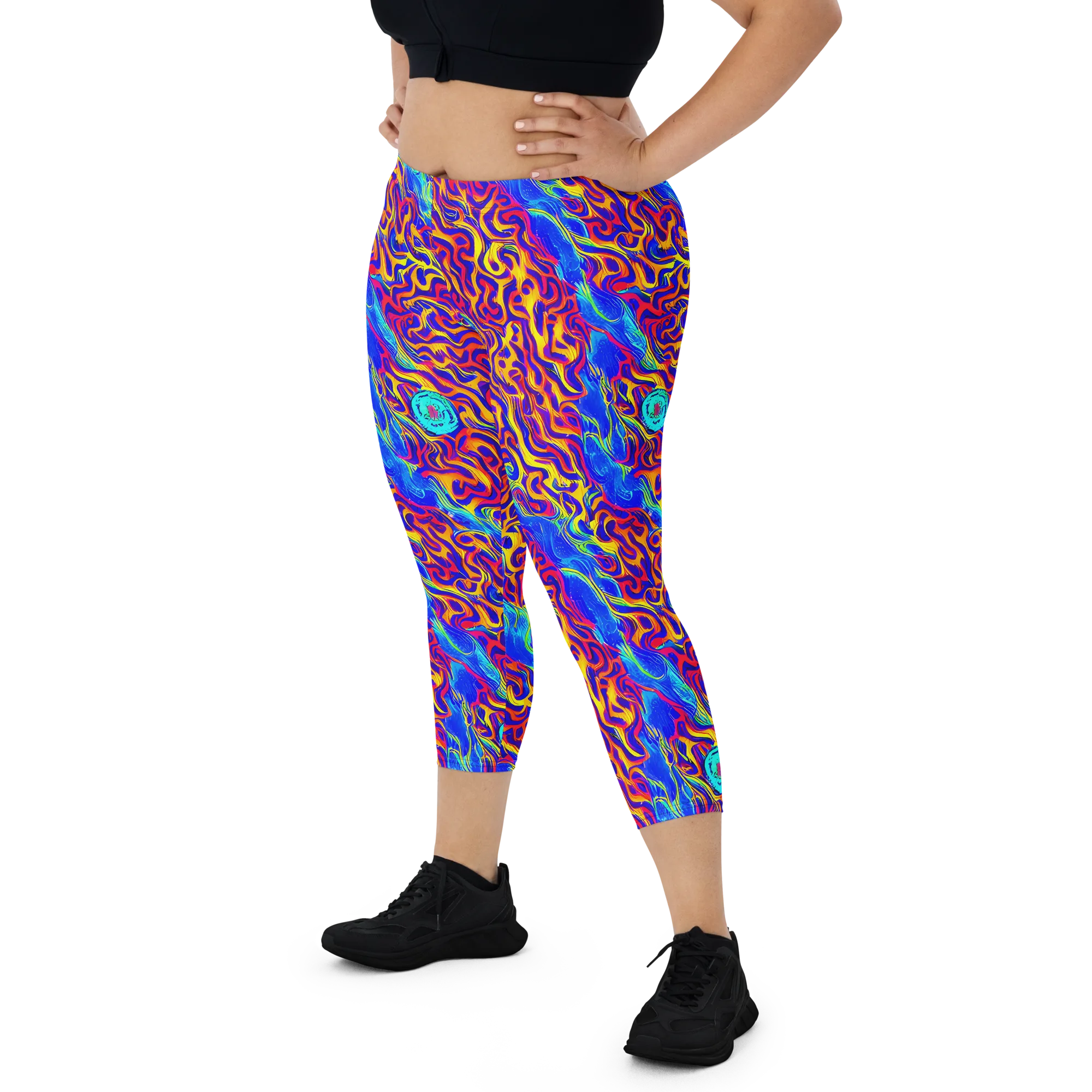 Firewater Bloom on Capri Leggings — Front