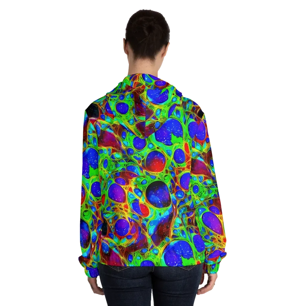 Biomorphic Burst on Women's Full-Zip Hoodie — Back On Person