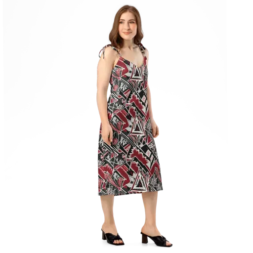 Crimson Geometry on a Slip Dress