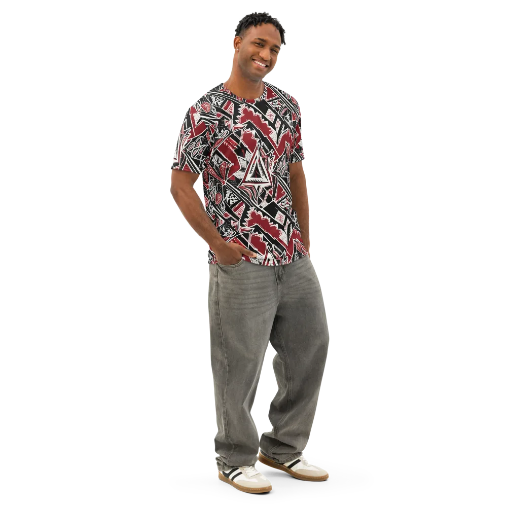 Crimson Geometry on Men's Cotton Crew Neck T-Shirt — Right Front