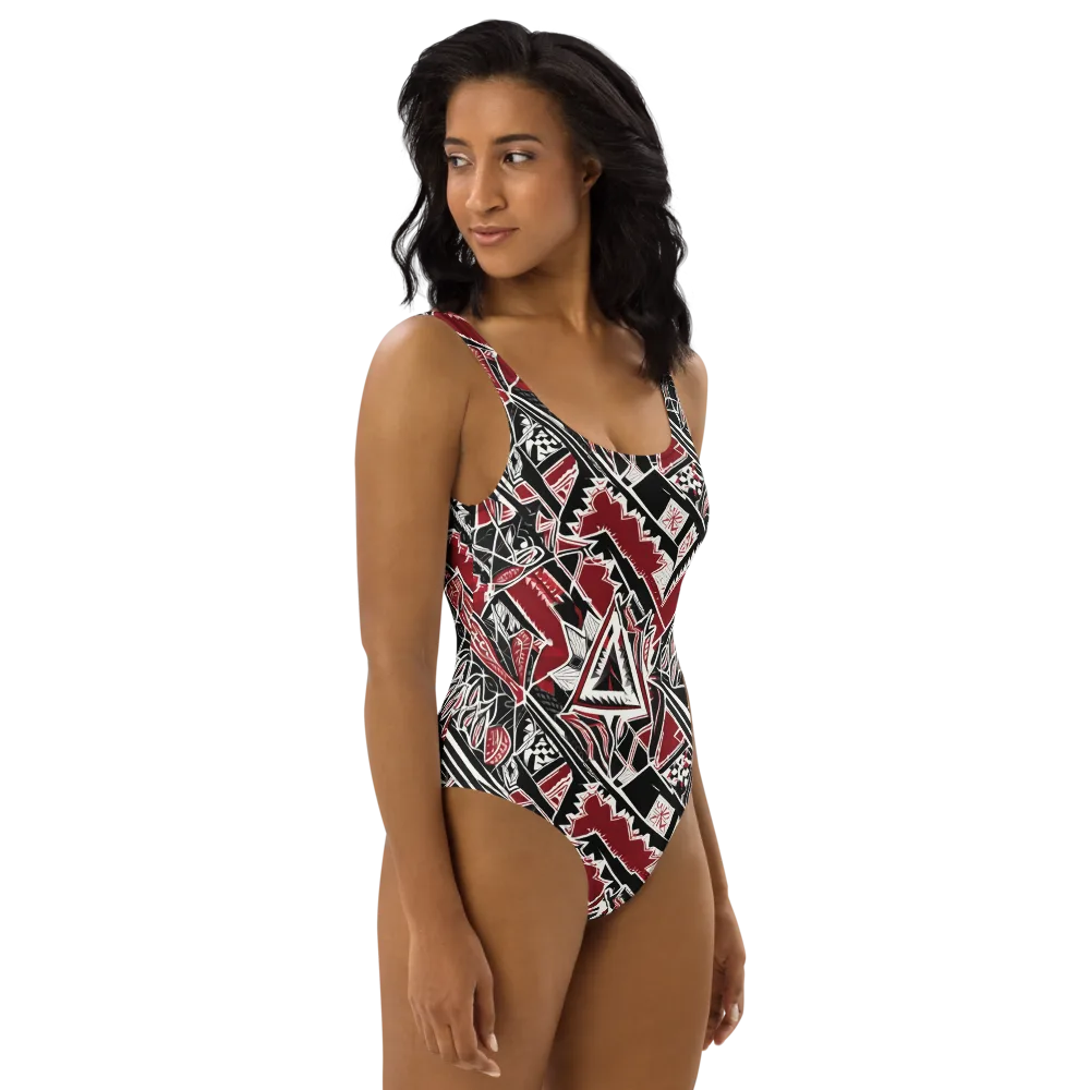 Crimson Geometry on One-Piece Swimsuit — Right