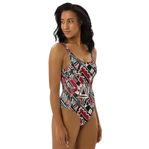 Crimson Geometry on a One-Piece Swimsuit