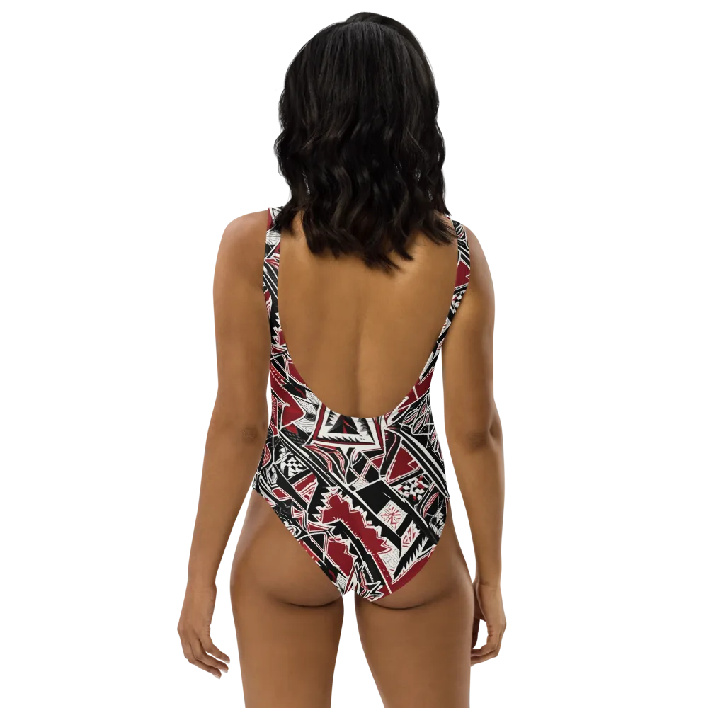 Crimson Geometry on One-Piece Swimsuit — Back