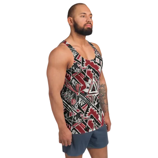 Crimson Geometry on a Men's Tank Top