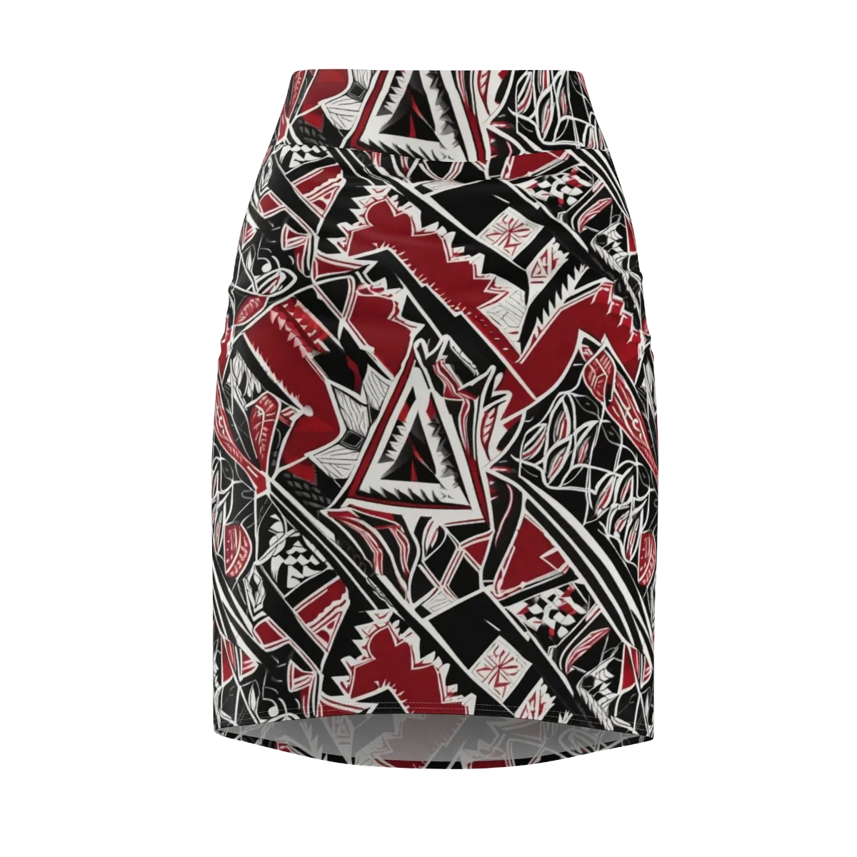 Crimson Geometry on Pencil Skirt — Front