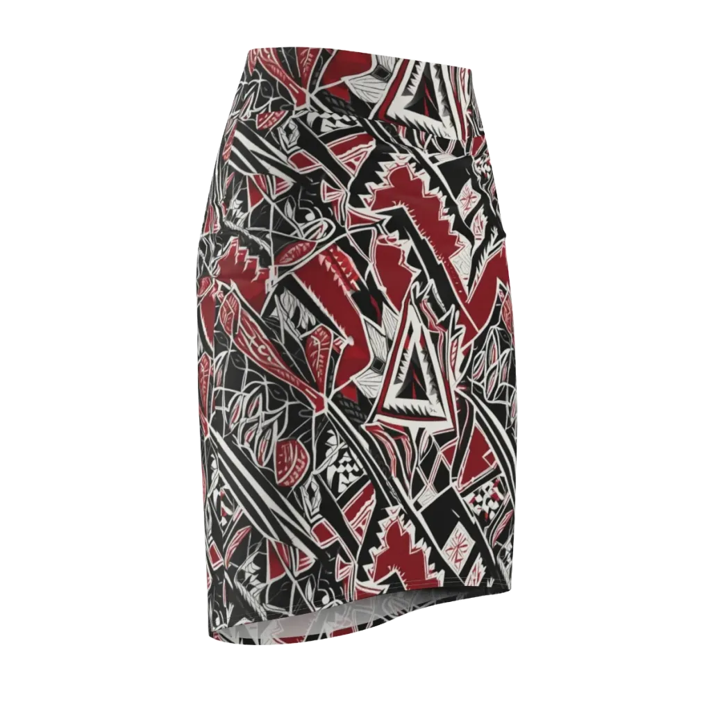 Crimson Geometry on Pencil Skirt — Front Side