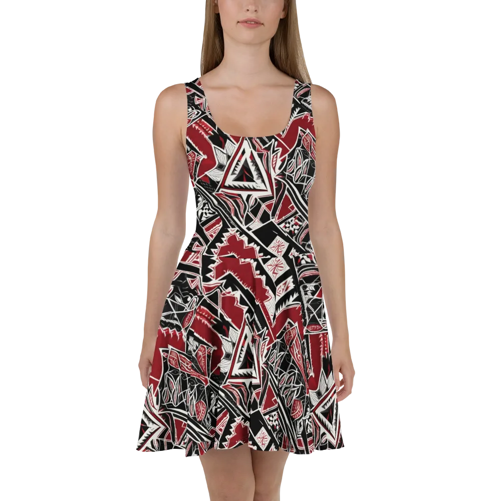 Crimson Geometry on Skater Dress — Front