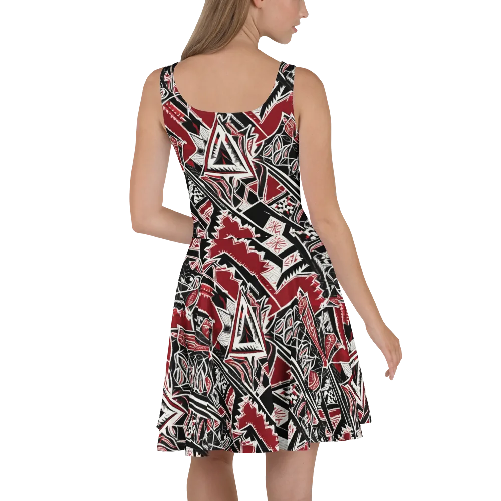 Crimson Geometry on Skater Dress — Back
