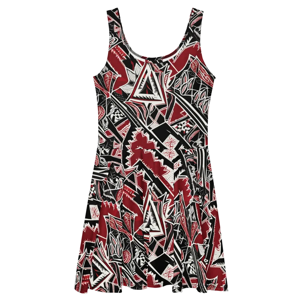 Crimson Geometry on Skater Dress — Front