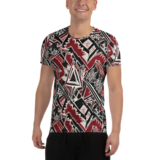 Crimson Geometry on a Men's Athletic T-Shirt