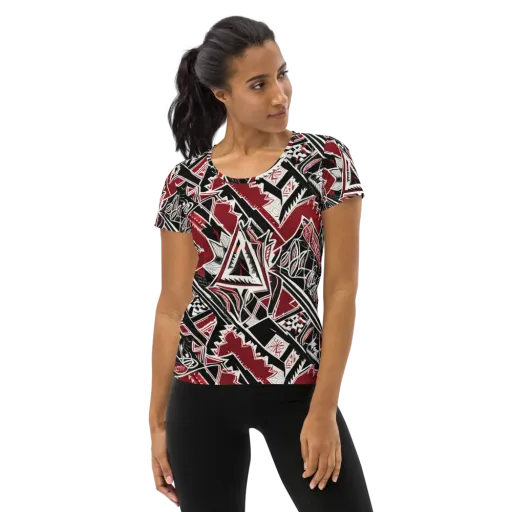 Crimson Geometry on a Women's Athletic T-Shirt