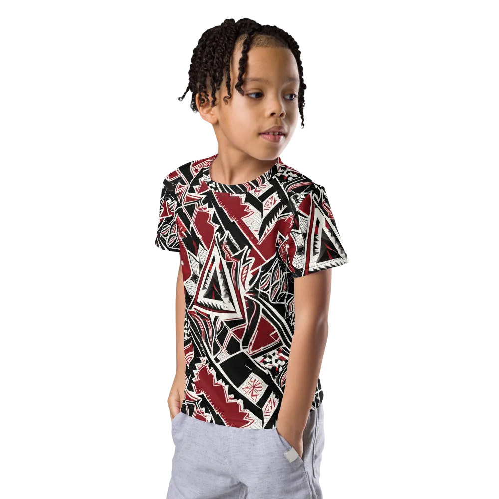 Crimson Geometry on Kids Crew Neck T-Shirt — Left Front